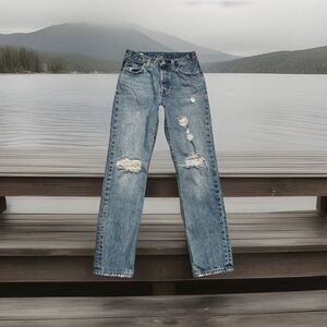 Levis Womens 501 Jeans 25 (25x28) Blue Button Fly Taper Distressed Cotton Denim